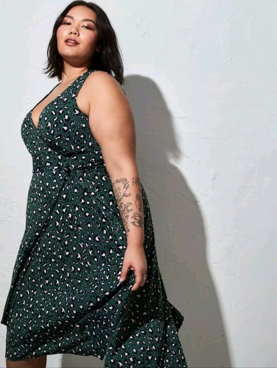torrid Dresses & Skirts - Torrid Midi Studio Knit Hi-Low Dress Womens Green Leopard Tie Front Surplice